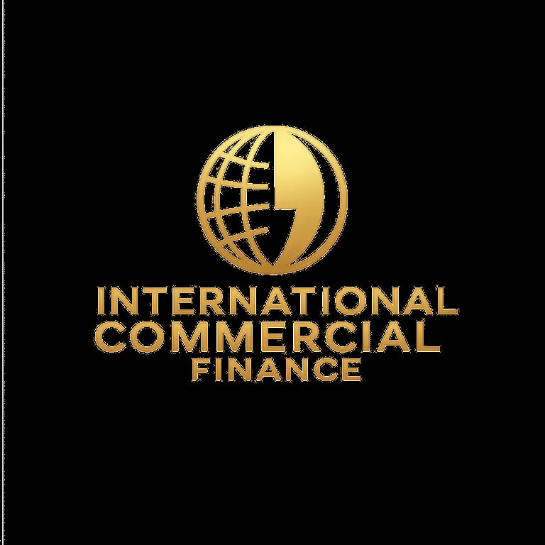 Gold International Commercial Finance logo with globe and text on black background
